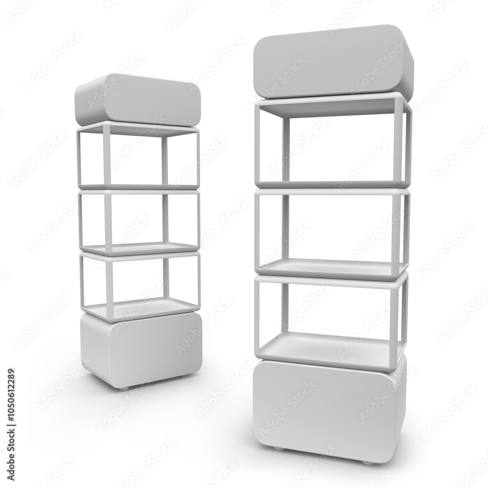 Supermarket Promotional Display Rack, Empty Product Display, PDQ Display Box With Two Different View, Floor Stand Display. 3D Render Illustration. Supermarket Promotional Display Rack, Empty Product Display, PDQ Display Box With Two Different View, Floor Stand Display. 3D Render Illustration.