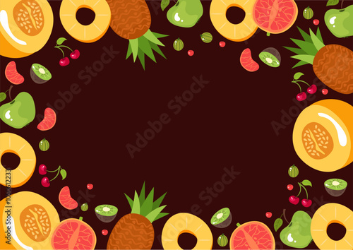 Exotic summer fruit frame border banner cover concept. Vegetarian healthy food decoration tropical wallpaper. Vector cartoon graphic design element illustration