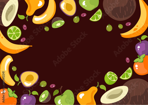 Exotic summer fruit frame border banner cover concept. Vegetarian healthy food decoration tropical wallpaper. Vector cartoon graphic design element illustration