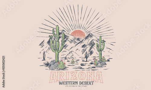 Arizona desert graphic print artwork. Cactus graphic t shirt design. Desert adventure art. Arizona vintage print design for t shirt. Feel the heat. Desert vibes with mountain artwork.