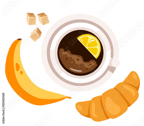 Cup of coffee tea with sweet food croissant bun bakery top view. Good morning breakfast concept. Vector cartoon graphic design element illustration