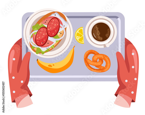 Tray full of food in hand arm concept. Vector flat graphic design illustration