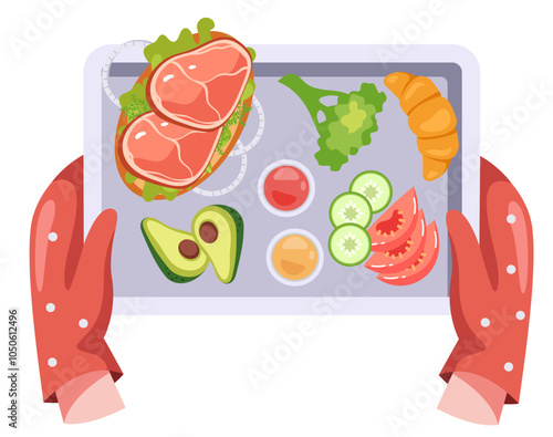 Tray full of food in hand arm concept. Vector flat graphic design illustration