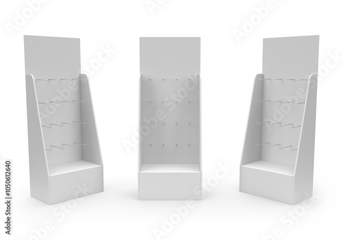 Supermarket Promotional Display Rack, Empty Product Display With Hanging Hook. PDQ Display Box With Three Different View, Floor Stand Display. 3D Rendered.