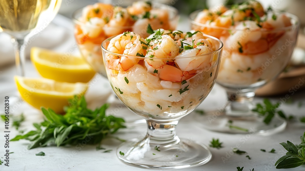 An elegant dining setup featuring shrimp cocktail cups with chilled shrimp and cocktail sauce, surrounded by a glass of white wine, fresh herbs, and lemon slices, An elegant dining setup featuring shrimp cocktail cups with chilled shrimp and cocktail sauce, surrounded by a glass of white wine, fresh herbs, and lemon slices,