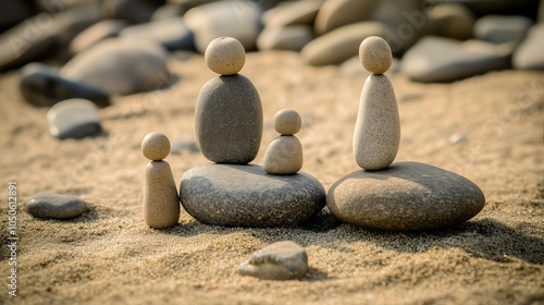 Pebble Art, Family portrayed by using pebbles on shore. Generative AI.