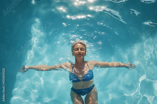 Elderly woman swimming and relaxing in swimming pool