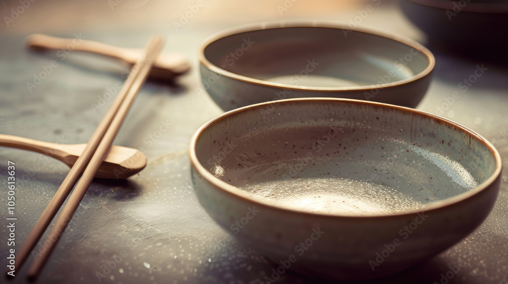 Elegant Ceramic Bowls and Chopsticks on Rustic Table with Soft Lighting and Artistic Shadows Elegant Ceramic Bowls and Chopsticks on Rustic Table with Soft Lighting and Artistic Shadows
