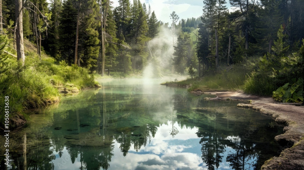 A tranquil hot spring nestled in a remote forest with steam rising from the warm waters and surrounding trees reflected in the water, serene setting with natural warmth, Hot Spring style A tranquil hot spring nestled in a remote forest with steam rising from the warm waters and surrounding trees reflected in the water, serene setting with natural warmth, Hot Spring style