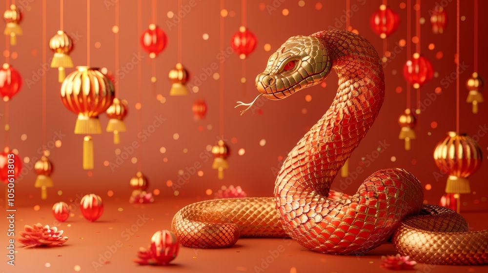 Obraz premium gold snake with red accents, symbolizing Chinese New Year 2025 . ai generated