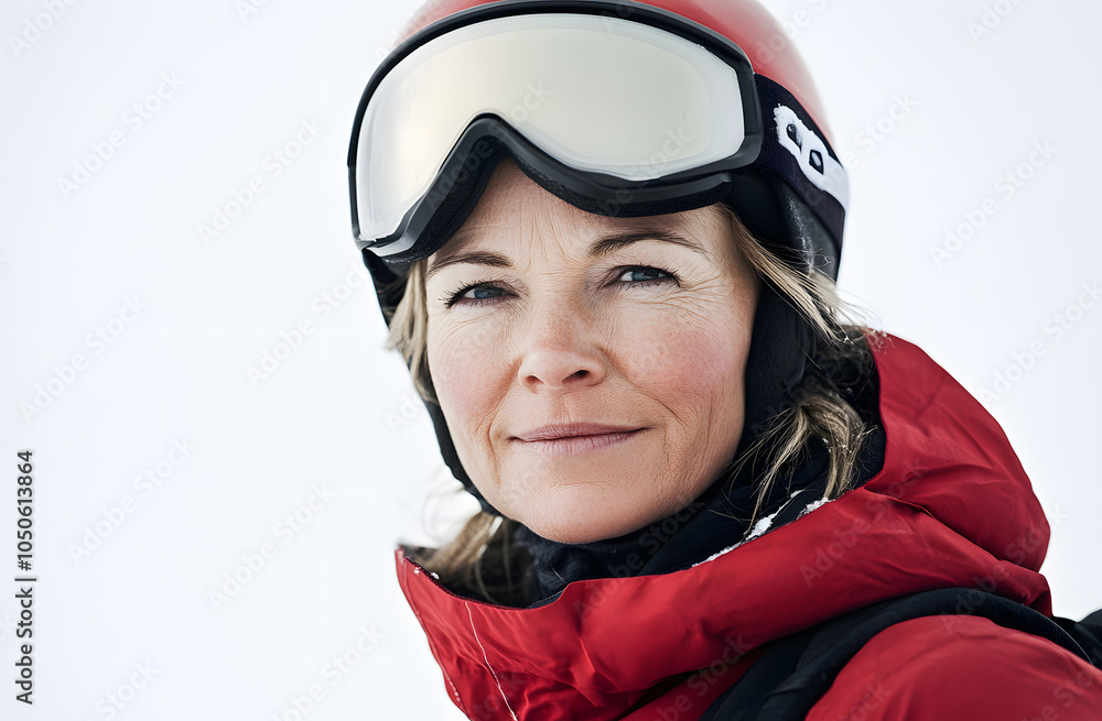 Portrait of Mature woman wearing helmet and ski clothes in the snowy mountains Portrait of Mature woman wearing helmet and ski clothes in the snowy mountains