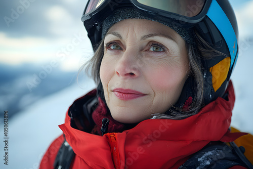 Portrait of Mature woman wearing helmet and ski clothes in the snowy mountains photo