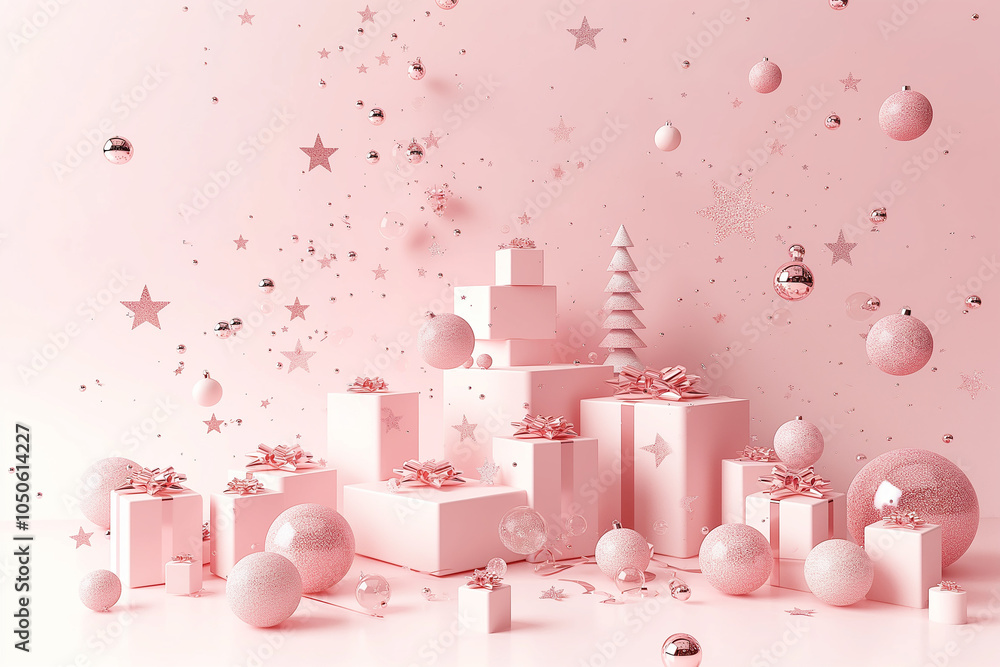 A pink background with a lot of Christmas decorations including a large tree A pink background with a lot of Christmas decorations including a large tree