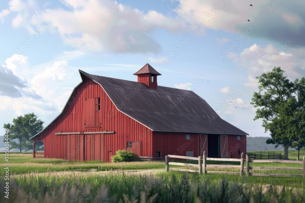A classic American-style barn with a distinctive steeple on its roof, suitable for rural or country-themed scenes A classic American-style barn with a distinctive steeple on its roof, suitable for rural or country-themed scenes