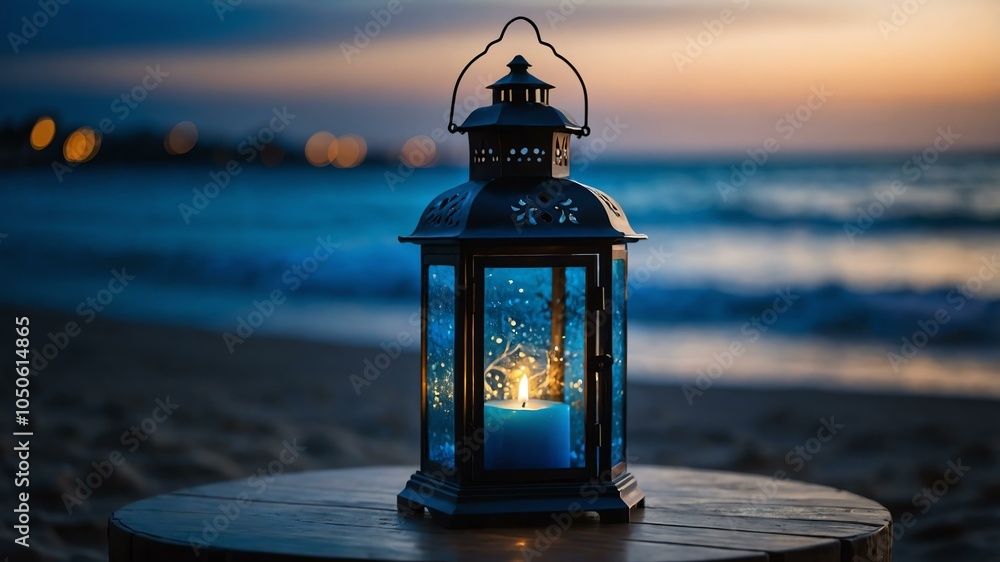 decorative blue glass lantern in a wooden table on night beach background. bokeh style decorative blue glass lantern in a wooden table on night beach background. bokeh style