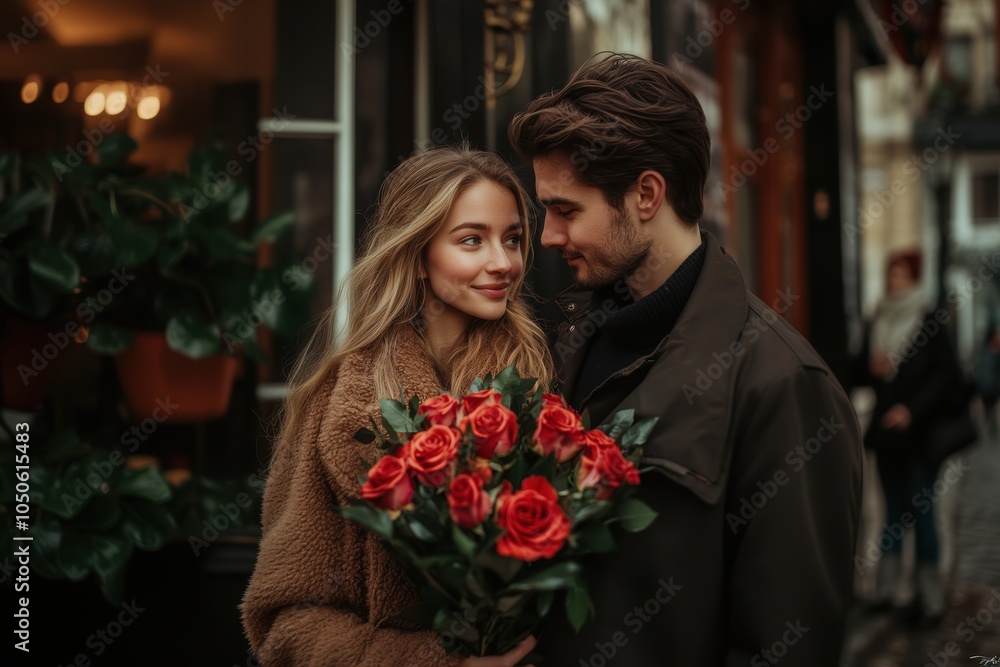 Romantic Couple Embracing With Red Roses on a City Street Romantic Couple Embracing With Red Roses on a City Street