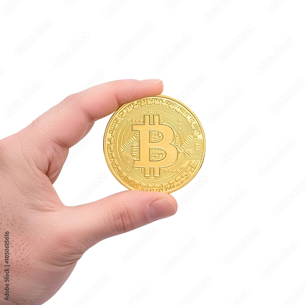 Close up golden bitcoin in human hand isolated on white. Cryptocurrency
Close up golden bitcoin in human hand isolated on white. Cryptocurrency