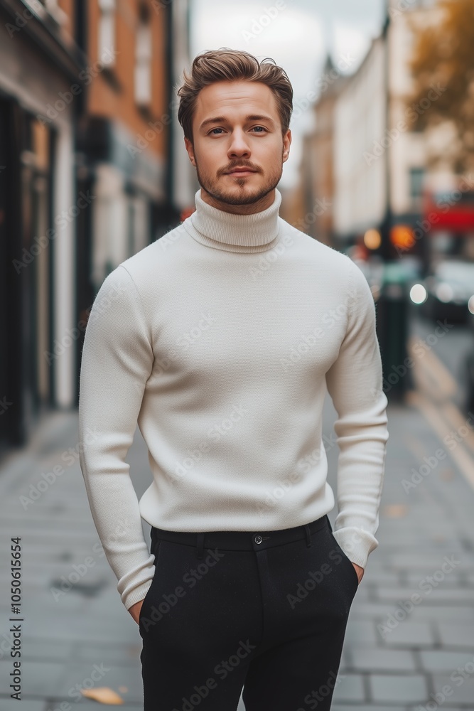 Fototapeta premium A Stylish Young Man in a White Turtleneck Stands Confidently on a City Street During Autumn, Surrounded by Urban Architecture