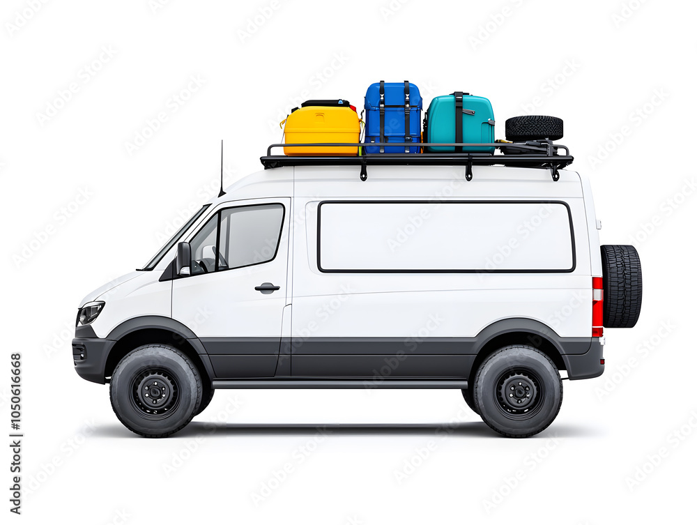 Side view 3d camper van for trip isolated on white background Side view 3d camper van for trip isolated on white background