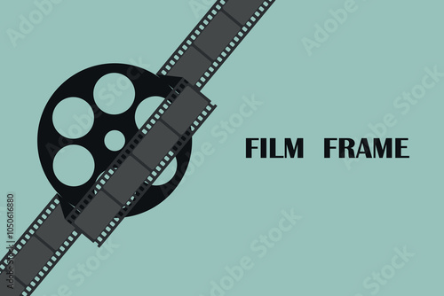 Film frame background with film reel wrapped in long film strip. Movie film concept. Retro style. Vector illustration