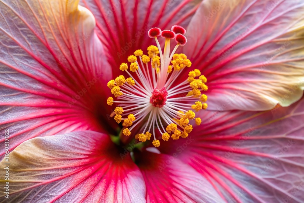 Close-up of the center of a large hibiscus flower with intricate stamens and pistils, botanical illustration, plant biology Close-up of the center of a large hibiscus flower with intricate stamens and pistils, botanical illustration, plant biology
