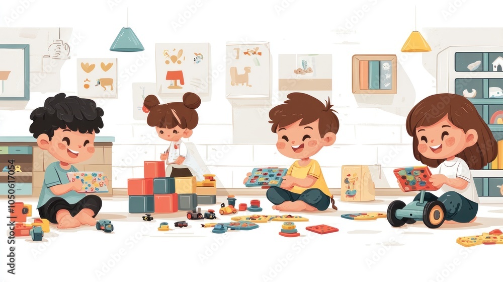 Four children play with toys in a colorful classroom. They are building with blocks, playing with cars, and learning through play.