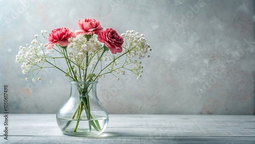 Wallpaper Mural Carnations and baby's breath intertwined with a wire stem and placed in a simple clear vase, clear vase, somber, wire stem, understated elegance, bereavement Torontodigital.ca