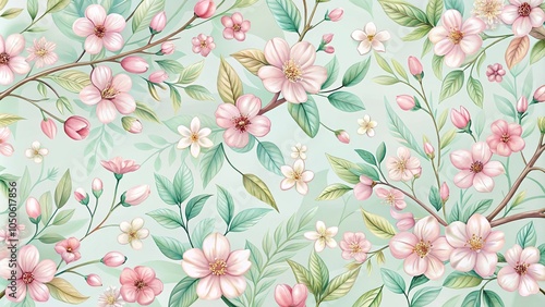 Whimsical floral wallpaper with hand-drawn illustrations of cherry blossoms and leaves in soft pastel colors, ornate, design element, delicate, nature, watercolor