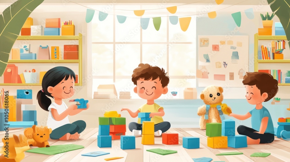 Three children playing with colorful building blocks in a sunny room with a teddy bear and other toys on the floor. Three children playing with colorful building blocks in a sunny room with a teddy bear and other toys on the floor.