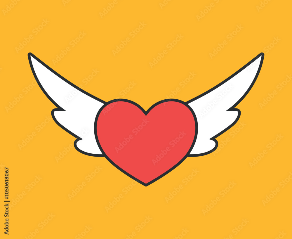 Red heart with white wings line icon on yellow background. Angel heart. Vector illustration Red heart with white wings line icon on yellow background. Angel heart. Vector illustration