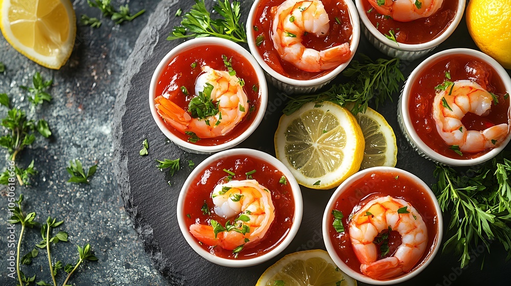 An overhead view of shrimp cocktail cups, with chilled shrimp and cocktail sauce, arranged in a circular pattern on a slate platter, with fresh herbs and lemon slices scattered around, An overhead view of shrimp cocktail cups, with chilled shrimp and cocktail sauce, arranged in a circular pattern on a slate platter, with fresh herbs and lemon slices scattered around,