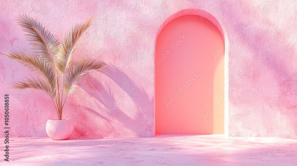 Pink Wall with Arch and Palm Plant in Minimalist Design Pink Wall with Arch and Palm Plant in Minimalist Design