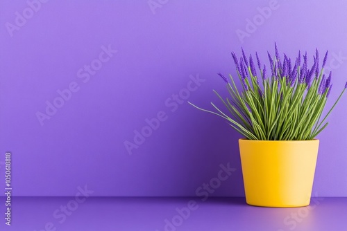 Creative workspace featuring a dark purple desk, vibrant lavender plant, and bold graphic posters in a modern aesthetic