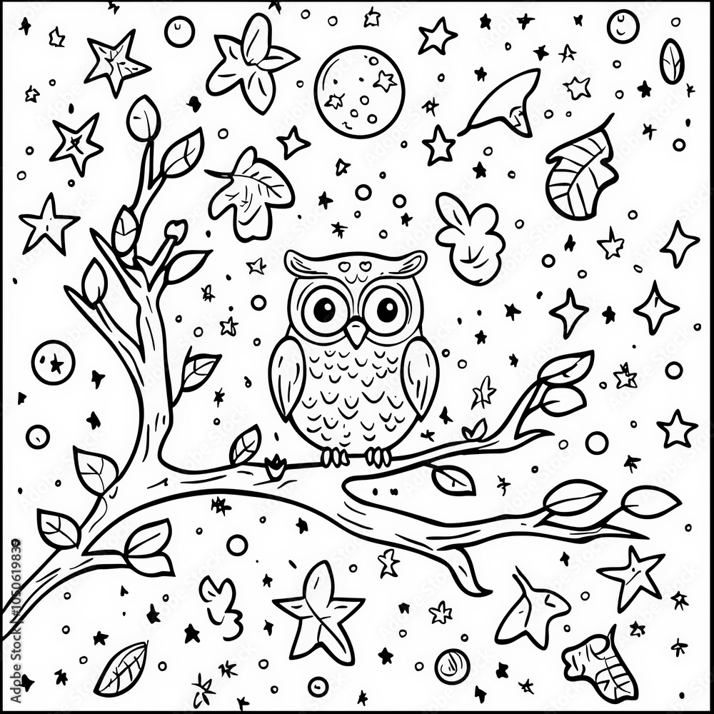 Fototapeta premium A friendly owl in a tree at night, coloring page for kids, simple outline illustration. Coloring book, simple lines.