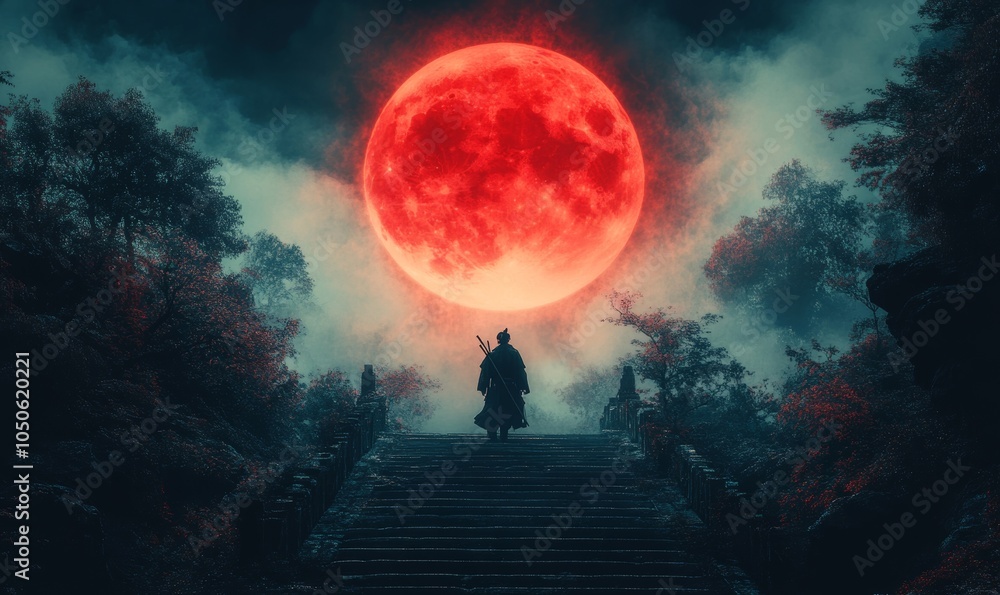Samurai on Stairway in Night Forest with Red Moon, Atmospheric Illustration, Mysterious Warrior in Dark Wilderness, Fantasy Art, Epic Scene, Nighttime, Generative AI Samurai on Stairway in Night Forest with Red Moon, Atmospheric Illustration, Mysterious Warrior in Dark Wilderness, Fantasy Art, Epic Scene, Nighttime, Generative AI