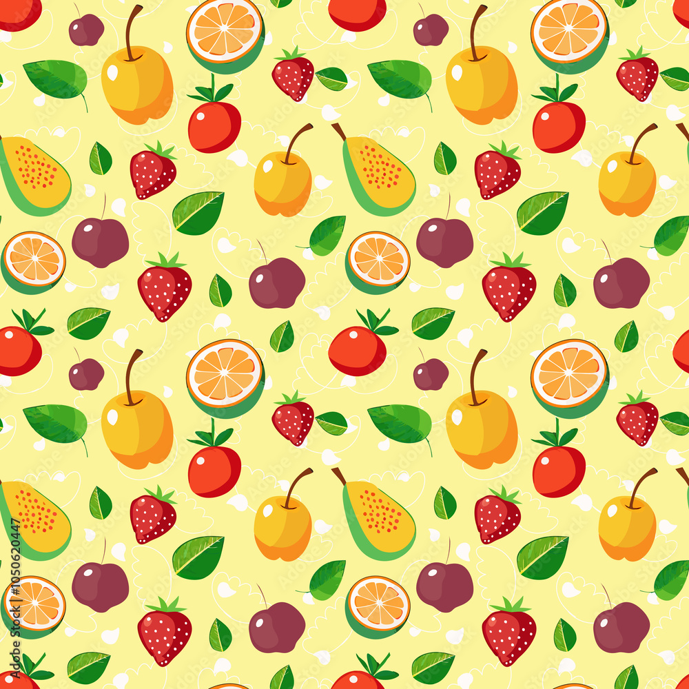 Minimal seamless pattern featuring mixed summer fruits Minimal seamless pattern featuring mixed summer fruits