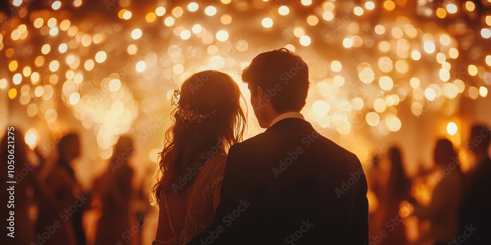Blurred figures of people dancing in a hall with glowing bokeh lights, capturing the warm, festive atmosphere of a joyous celebration or elegant event, Generative AI Blurred figures of people dancing in a hall with glowing bokeh lights, capturing the warm, festive atmosphere of a joyous celebration or elegant event, Generative AI