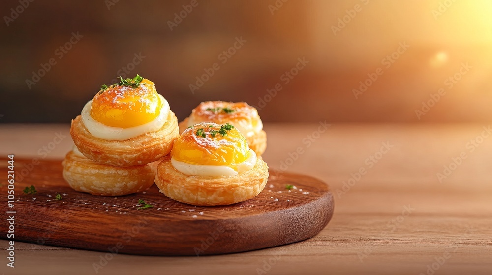 Gourmet egg tarts with creamy filling on wooden board Gourmet egg tarts with creamy filling on wooden board