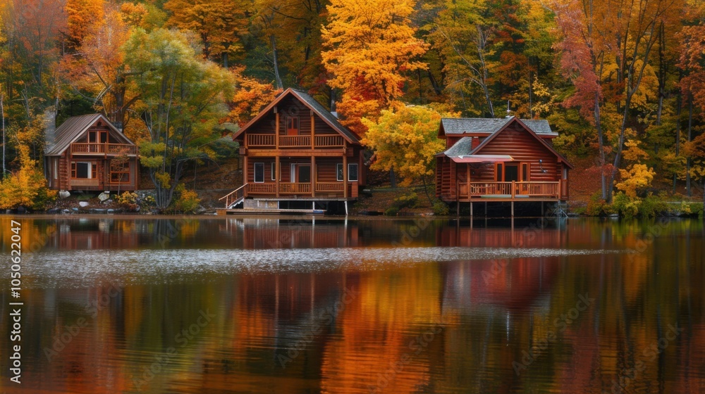 Fototapeta premium A tranquil lakeside retreat with cozy log cabins and autumn foliage reflecting in the calm water, nature setting with fall colors, Rustic style