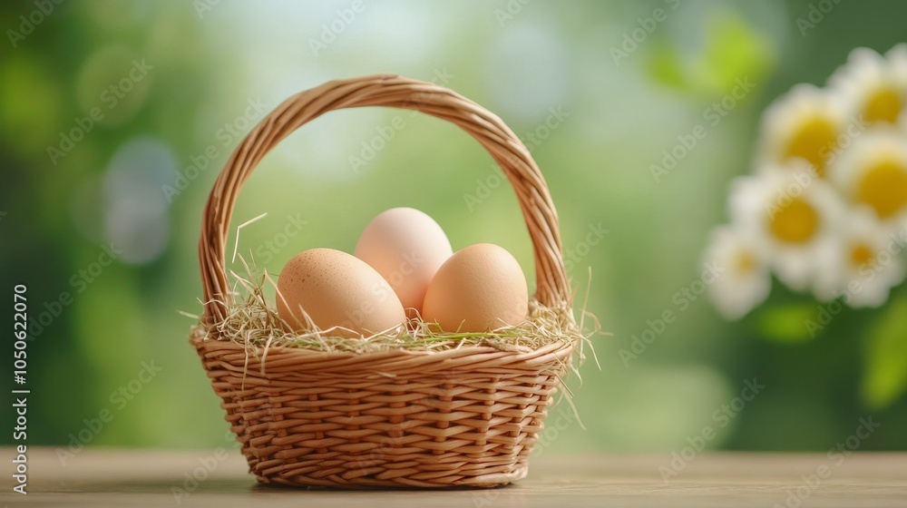 Fresh eggs in a rustic basket surrounded by greenery Fresh eggs in a rustic basket surrounded by greenery