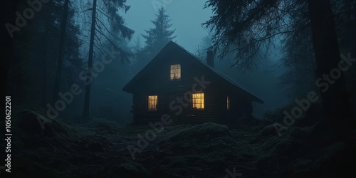 Forest cabin in the dark forest at night. Generative AI