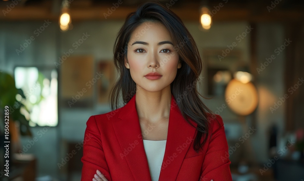 Confident Asian Businesswoman in Red Suit in Loft Office Setting Posing with Determination and Professionalism, Generative AI Confident Asian Businesswoman in Red Suit in Loft Office Setting Posing with Determination and Professionalism, Generative AI