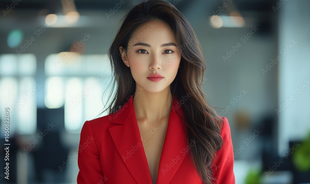 Obraz premium Confident Asian Businesswoman in Red Suit in Loft Office Setting Posing with Determination and Professionalism, Generative AI
