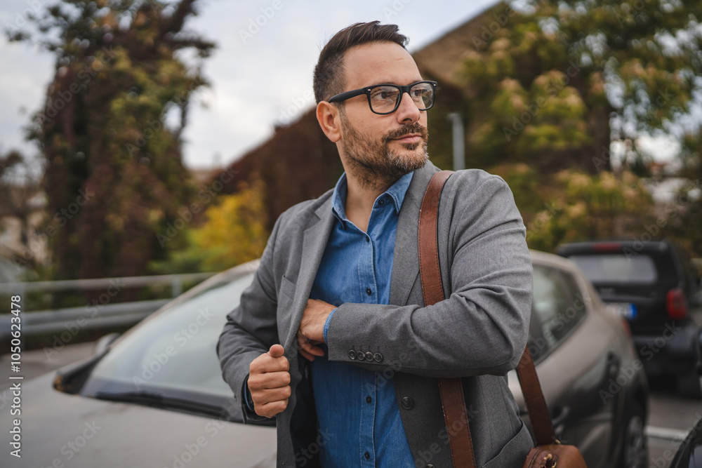 Portrait of businessman puts the phone in pocket at parking lot Portrait of businessman puts the phone in pocket at parking lot