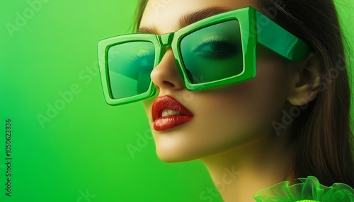 Fashionable Woman in Oversized Green Sunglasses with Pool Water Reflection