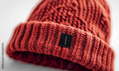 Red Knitted Beanie Hat with Black Unbranded Mockup Label on White Background, Close-Up, Winter Apparel Concept, Fashion Accessories, Generative AI