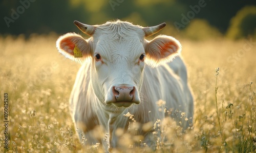 Charolais majestic breed of cattle grazing in verdant sun-drenched meadow. photograph transports viewers to tranquil world of rural France where Charolais thrives in harmony with nature. Generative AI