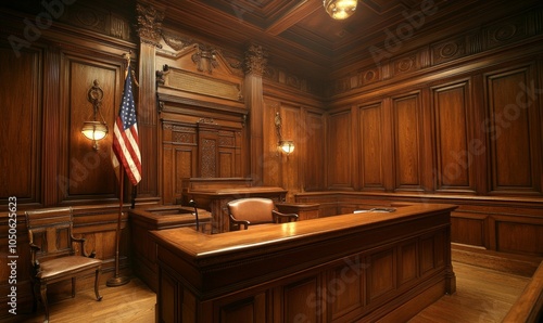 Elegant and traditional wooden courtroom interior with judge's bench, witness stand, and American flag symbolizing justice and legal proceedings, Generative AI
