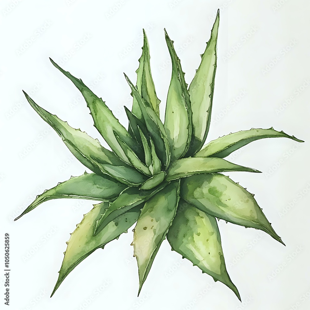 Watercolor illustration of green aloe vera plant. Watercolor illustration of green aloe vera plant.