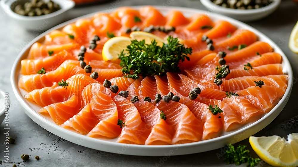 Smoked salmon blinis arranged in a circular pattern on a white serving platter, surrounded by lemon wedges and capers, Smoked salmon blinis arranged in a circular pattern on a white serving platter, surrounded by lemon wedges and capers,